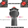 Close-up view of a power drill's handle and controls, with text overlays explaining features. Náhled obrázku produktu