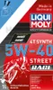 A close-up marketing image of a bottle of Liqui Moly Motorbike 4T Synth 5W-40 Street Race oil, featuring a motorcycle rider graphic and product specifications. Produktbild-Vorschau
