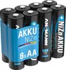 A pack of eight AA rechargeable batteries in a blue plastic holder. Produktbild-Vorschau