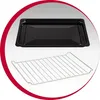A black oven tray and a silver oven rack are displayed against a white and light gray background. Voir les images du produit