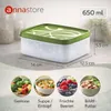 A food storage container with dimensions and examples of food it can hold. Produktbild-Vorschau