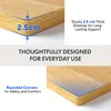 Close-up views of a desk corner highlighting its thickness and rounded edges, with text overlays describing features. Produktbild-Vorschau