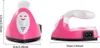 Two images of a small pink and white portable iron, one front view and one side view, with dimensions indicated. Produktbild-Vorschau