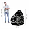 A man stands next to a bean bag chair with a skull and crossbones design. Dimensions are shown with measurement lines and text. Náhled obrázku produktu