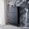 A black shoe cabinet with three fluted doors stands against a black and white forest-themed wallpaper. A sheer curtain is visible on the left side of the image. Produktbild-Vorschau