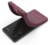 A burgundy phone case is shown being flexed over a black smartphone. Produktbild-Vorschau