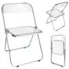 A collage of three images showing a transparent acrylic folding chair from different angles. Produktbild-Vorschau