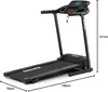 A black electric treadmill shown from a side-angle on a white background. Produktbild-Vorschau
