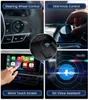 A collage of four images showing different ways to control a car's infotainment system, including steering wheel controls, an OEM knob, a stock touch screen, and Siri voice assistant. Produktbild-Vorschau