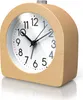 A close-up, studio shot of a light wood analog alarm clock with a white face and black hands, set against a white background. Produktbild-Vorschau