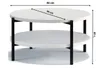 A round, two-tiered coffee table with black metal legs, shown from a side angle with dimensions indicated by text overlays. Produktbild-Vorschau