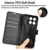 A hand holding a black flip phone case, showing the interior card slots and the phone holder section. Produktbild-Vorschau