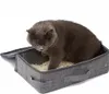 A gray cat is sitting in a gray portable litter box filled with cat litter. Náhled obrázku produktu