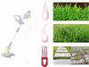 A collage of a grass trimmer, replacement blades, and images of grass and pathways. Produktbild-Vorschau