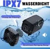 A black portable shower pump is shown submerged in water, with a filter component and granular filter material nearby. Water splashes around the components, and text overlays describe features. Produktbild-Vorschau
