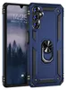 A blue rugged phone case with a ring holder is shown next to a smartphone displaying a lock screen. Produktbild-Vorschau