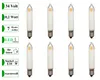 A collection of eight LED filament candle bulbs arranged in two rows on a white background, with informational text boxes on the left side. Produktbild-Vorschau