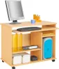 A computer desk with a monitor, keyboard, computer tower, and storage compartments. Produktbild-Vorschau