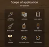 A collage of icons representing various applications for a 9V battery, set against a wooden background. Produktbild-Vorschau