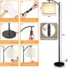 A collage of images showing the assembly steps for a floor lamp, along with a diagram of the lamp's dimensions and a remote control. Voir les images du produit