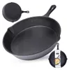 A cast iron skillet is shown from multiple angles against a white background. A smaller inset image shows the skillet with a product label. Náhled obrázku produktu
