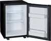 An open black mini-refrigerator with white shelves and door shelves, shown from a slightly angled front view. Produktbild-Vorschau