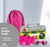 A collection of 80s/90s retro costume accessories, including a drawstring bag, inflatable boombox, sweatbands, whistle, and sunglasses, presented against a light gray background. Voir les images du produit