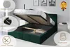 A green upholstered bed frame with the mattress support lifted to reveal storage space underneath. Several informational overlays are present. Produktbild-Vorschau