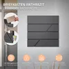 A dark gray letterbox mounted on a textured wall, with inset images showing how to insert mail and the letterbox's capacity. Icons at the bottom highlight features like included mounting material, lockability, weather resistance, and letter size compatibil Anteprima dell’immagine prodotto