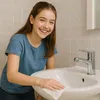 A young girl is cleaning a bathroom sink with a wipe. Produktbild-Vorschau