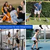 A collage of four images showing people in different settings, including a picnic, gardening, exercising, and playing tennis, with text overlay about sneakersocks. Produktbild-Vorschau