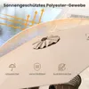 A close-up view of a beige umbrella canopy with icons and text indicating its features, with a pool and patio in the background. Podgląd zdjęcia produktu