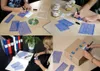 Collage of four images showing WEDO Schriftschablonen (letter stencils) being used in various applications. Produktbild-Vorschau