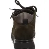 The back view of a dark green suede bootie with black laces and a black sole. Produktbild-Vorschau
