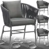 A collage of four gray woven chairs with cushions, set against a light gray and white background with water droplet graphics. Produktbild-Vorschau
