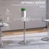 A round bar table with a silver metal base and a glass top, shown in a home setting with bar stools. Text overlays highlight its optimal size for cocktails. Produktbild-Vorschau