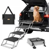 A golden retriever dog is sitting in the back of an SUV next to a set of dog stairs. The stairs are shown in both extended and folded positions. Náhľad obrázku produktu