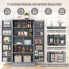A gray pantry cabinet filled with various food items and kitchenware, with inset images highlighting specific features. Produktbild-Vorschau