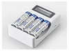 A white battery charger with four AA rechargeable batteries inserted. Podgląd zdjęcia produktu