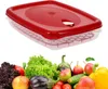 A food storage container with a red lid and a clear base, shown above a variety of fresh vegetables and fruits. Produktbild-Vorschau