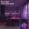 A modern kitchen and dining area illuminated with colored smart lights, controlled by a smartphone app. Produktbild-Vorschau