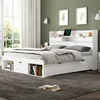 A bedroom scene featuring a white bed with storage drawers and a headboard with shelves, set against a green wall with artwork and wall lamps. Anteprima dell’immagine prodotto
