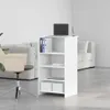 A white reception desk with shelves is shown in a modern office or home setting. Produktbild-Vorschau