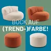 A collage of four images showing two beanbag chairs and two ottomans in cream and terracotta colors, with text overlay. Podgląd zdjęcia produktu