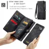 A person is holding a wallet case and a phone case, with text overlay describing the product's features. Produktbild-Vorschau