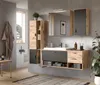 A modern bathroom with a vanity, mirror, and storage units. Produktbild-Vorschau