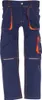 A pair of navy blue children's work pants with orange accents and stitching, shown from the front. Produktbild-Vorschau