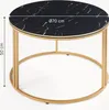 A round coffee table with a black marble top and gold metal legs, shown on a white background with dimensions indicated. Produktbild-Vorschau