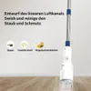 A close-up of a white cordless vacuum cleaner with a telescopic rod, set against a light-colored wall and wooden floor. Three circular graphics with images of dust, snack crumbs, and seeds are displayed above the floor, with corresponding German text label Produktbild-Vorschau