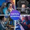 A collage of four images showing a gaming chair in different scenarios: a young woman using it, a baby sitting in it, a woman working at a desk, and a group of people playing video games. Produktbild-Vorschau